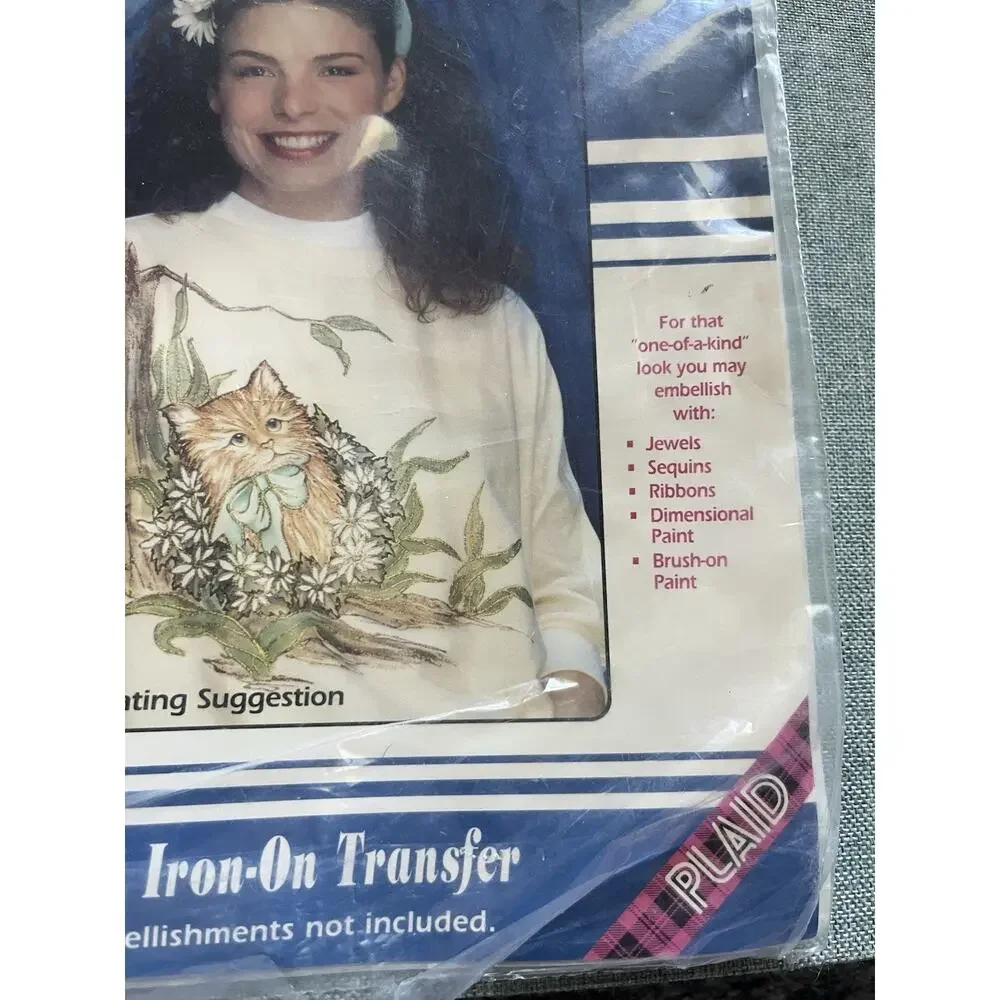 Vintage Iron on Transfer “Kitty Cat” Cat With Bow Flowers NIP Plaid 90s